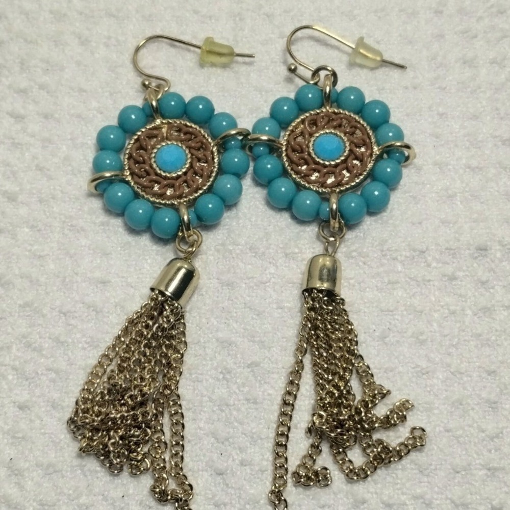 Boho Turquoise Beaded Tassel Dangle Earrings Gold Tone Chain Fringe Southwestern